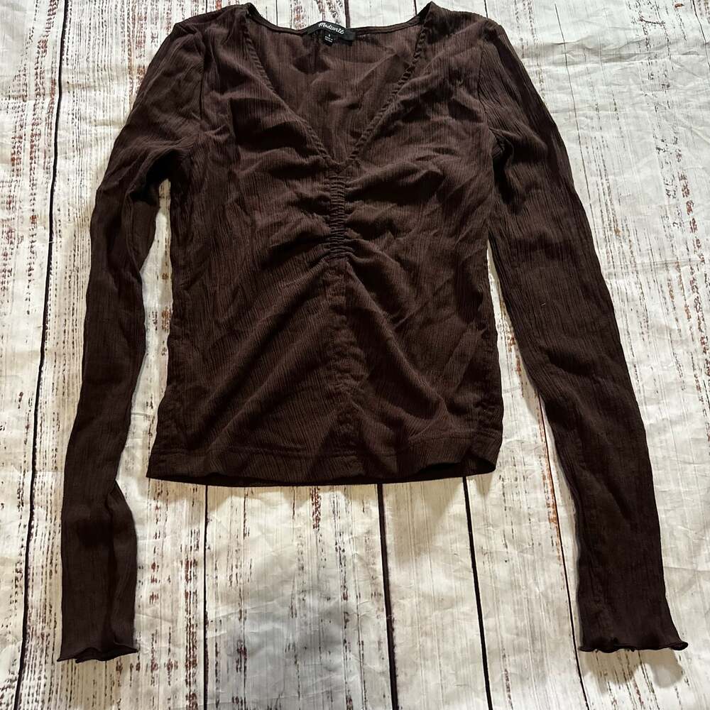 Madewell Brown Ribbed Long Sleeve V-Neck Top with Ruched Detail, Size S
